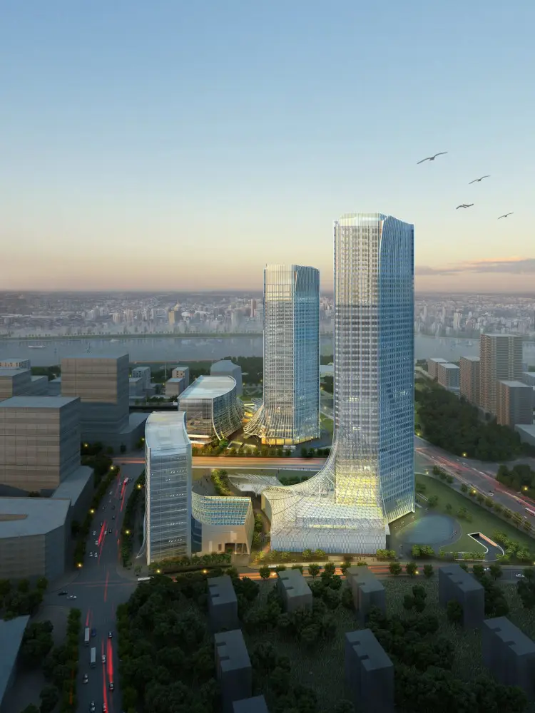 I'm unable to view images, but I can help you create an SEO-optimized alt text based on your description. Here's a suggestion:

"Modern skyscrapers at sunset, premium spa design inspiration, Gharieni luxury."