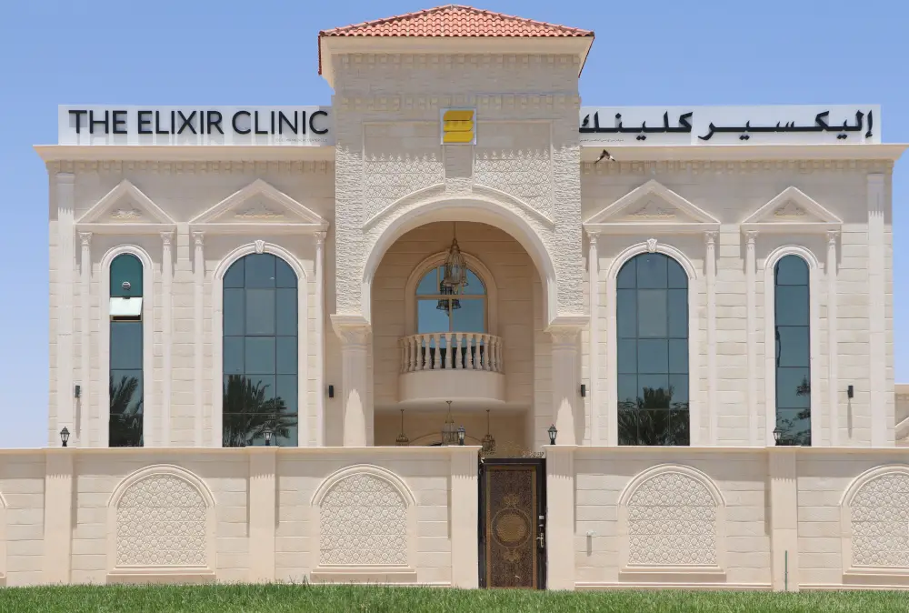 Luxurious spa clinic exterior with elegant arches, promoting premium wellness.