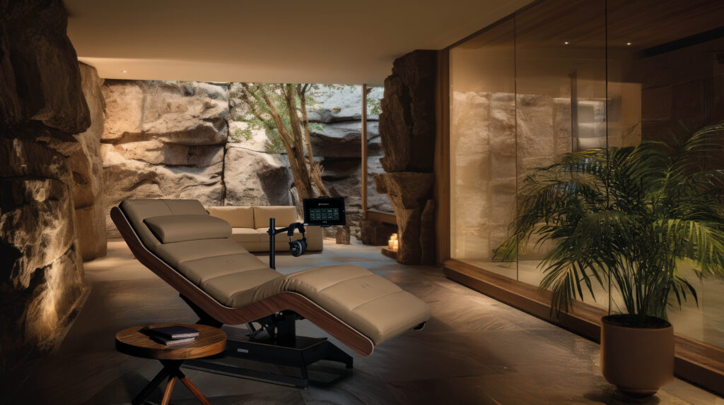 Gharieni RLX BrainGym luxury wellness lounger with integrated neurostimulation in a modern spa environment carved into natural stone.